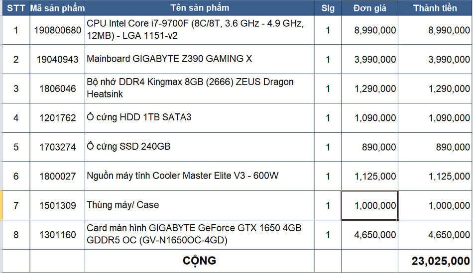 MÁY TÍNH CHƠI GAME TPG I7-9700F Z390 Gaming X GV-N1660OC-6GD RAM 8GB